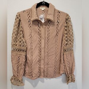 Women's Long Sleeve Button Front Eyelet Top Mushroom Size‎ Large NWT